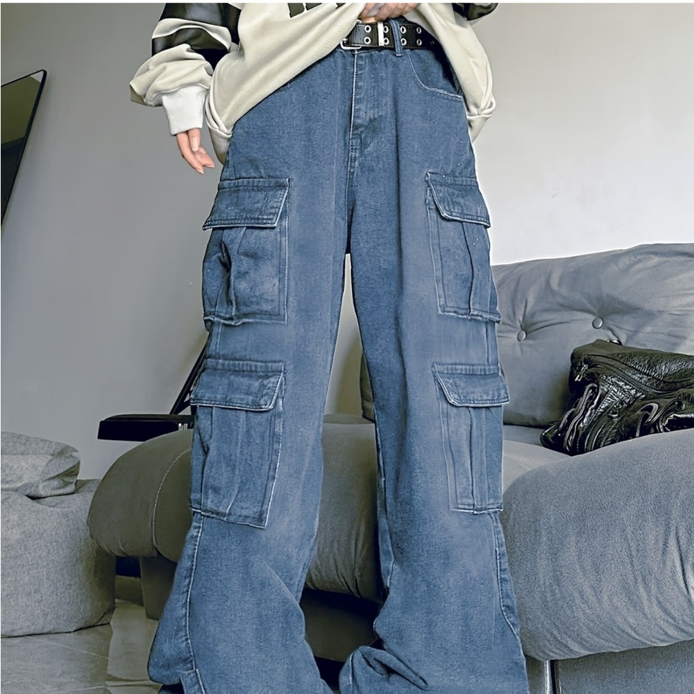Womens Cargo Jeans High Waisted Straight Denim Pants with Multi-Pockets size XS